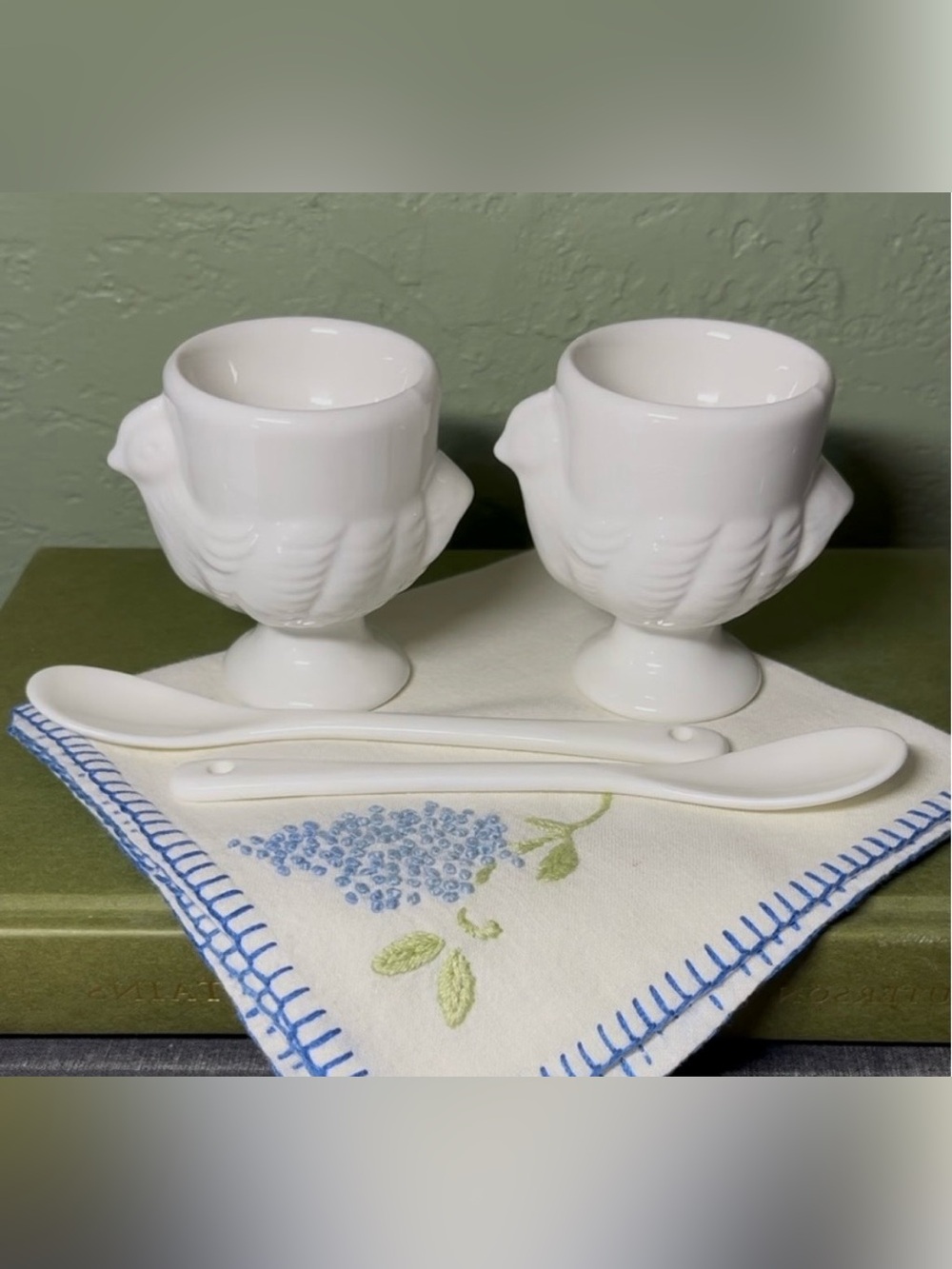 White Ceramic Egg Cups with Spoons
